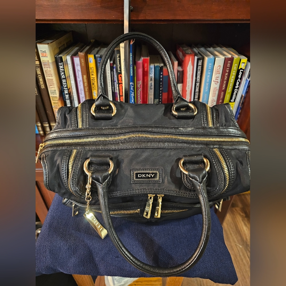 DKNY Black Nylon Leather Trim Satchel with Gold Accents - Picture 8 of 16